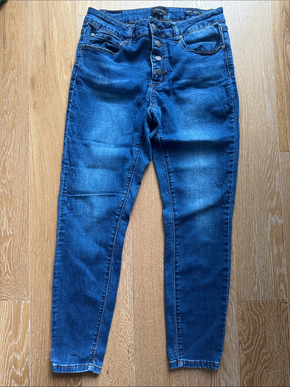 Tahari Dark Blue High-Rise Skinny Jeans with Button Fly